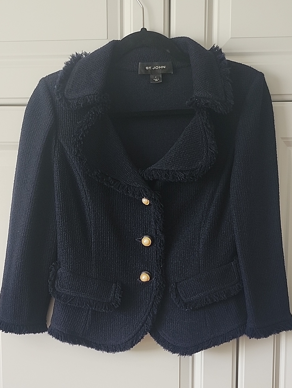 St. John Navy Knit Blazer with Fringe and Gold Buttons